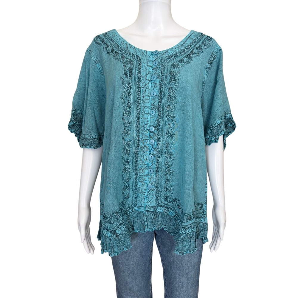 Agan Traders Boho Medieval Button Down Asymmetrical Hem Embroidered Top